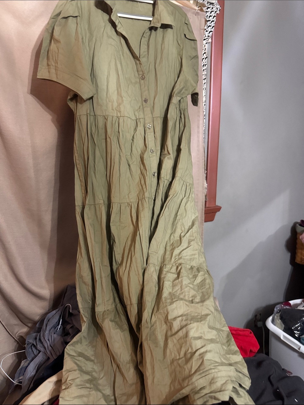 Casual Olive Green Button-Front Tiered Midi Dress S-12:3